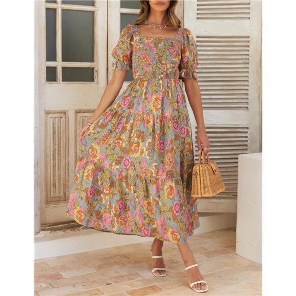 Women's Summer Boho Floral Print Square Neck Ruffle‎ Swing Beach Long Maxi Dress - Picture 3 of 6